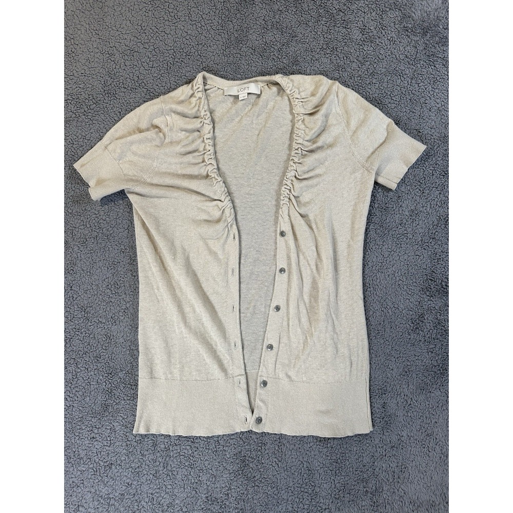 ANN TAYLOR LOFT Cardigan Sweater Ruffle Short Sleeve V-Neck Button Down Tan S